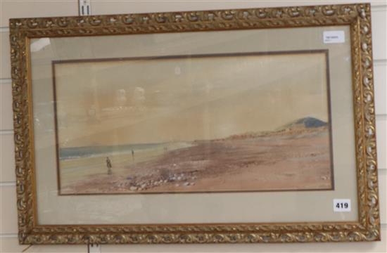 English School (19th/20th century), watercolour, coastal landscape with figures on a beach, 25 x 51cm